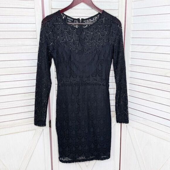 Bebe Lace Overlay Bandeau Pencil Dress Sheer Back Long Sleeve Black Medium - Picture 8 of 13